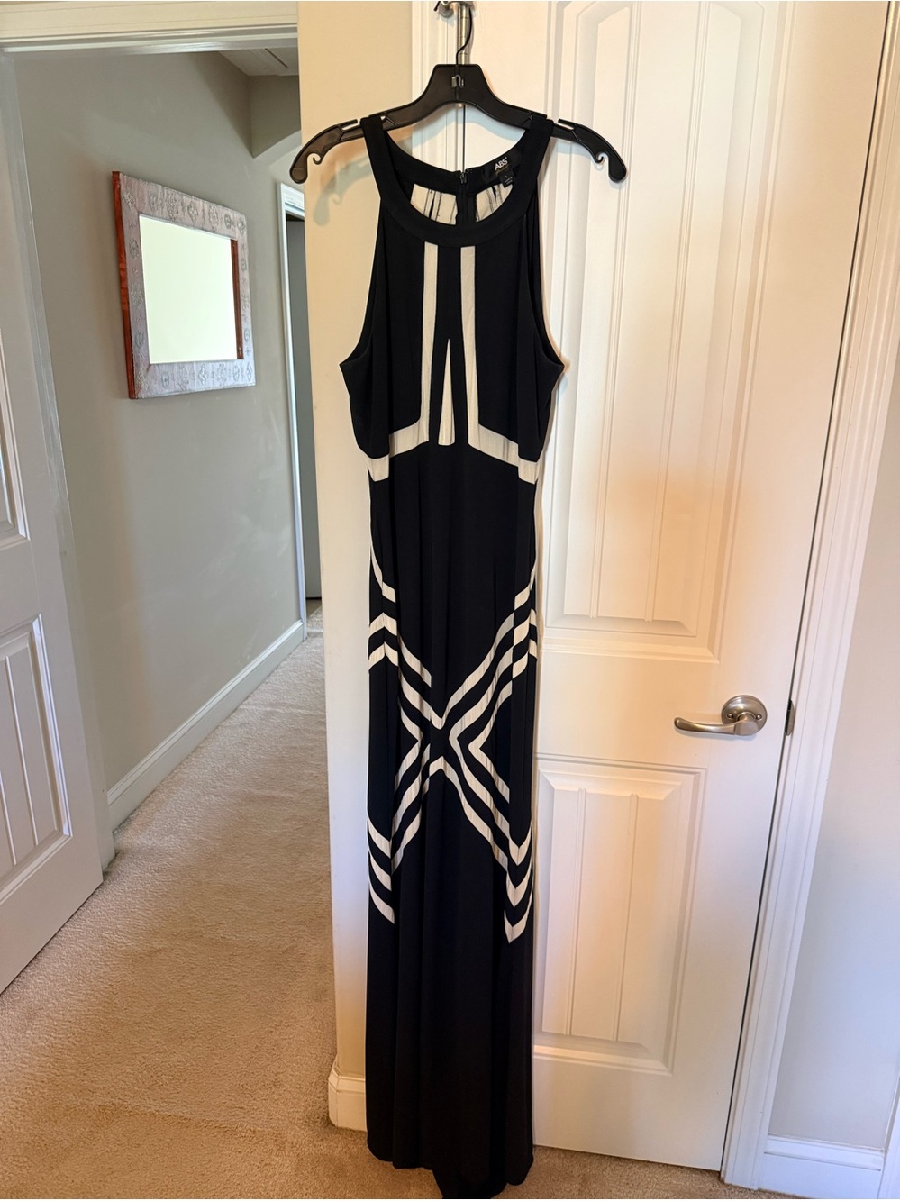 ABS Allen Schwartz Black Maxi Dress with White Geo-Stripe